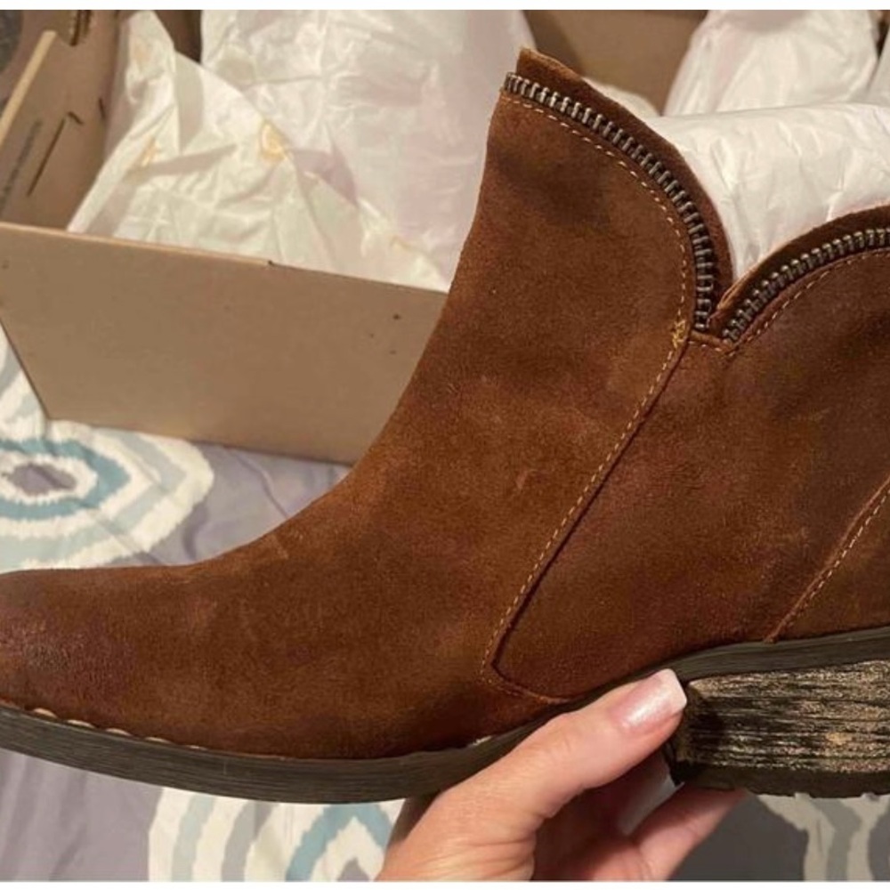 Cognac Suede Ankle Booties with Zipper Detail